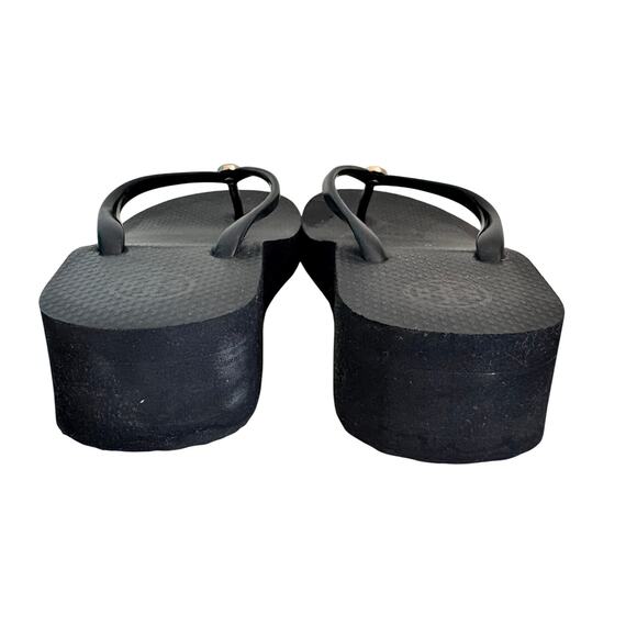 Tory Burch Black Platform Wedge Sandals w/ Gold Logo 8.5 - Picture 3 of 7